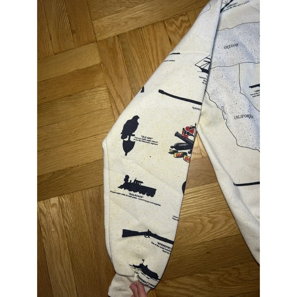 Vtg 90's Civil War Allover Print Cream Sweatshirt USA Double Collar Map Size L